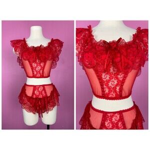 Size S | 1980s Red Lace Ruffle Sleepwear Set with Crop Top and Panty
